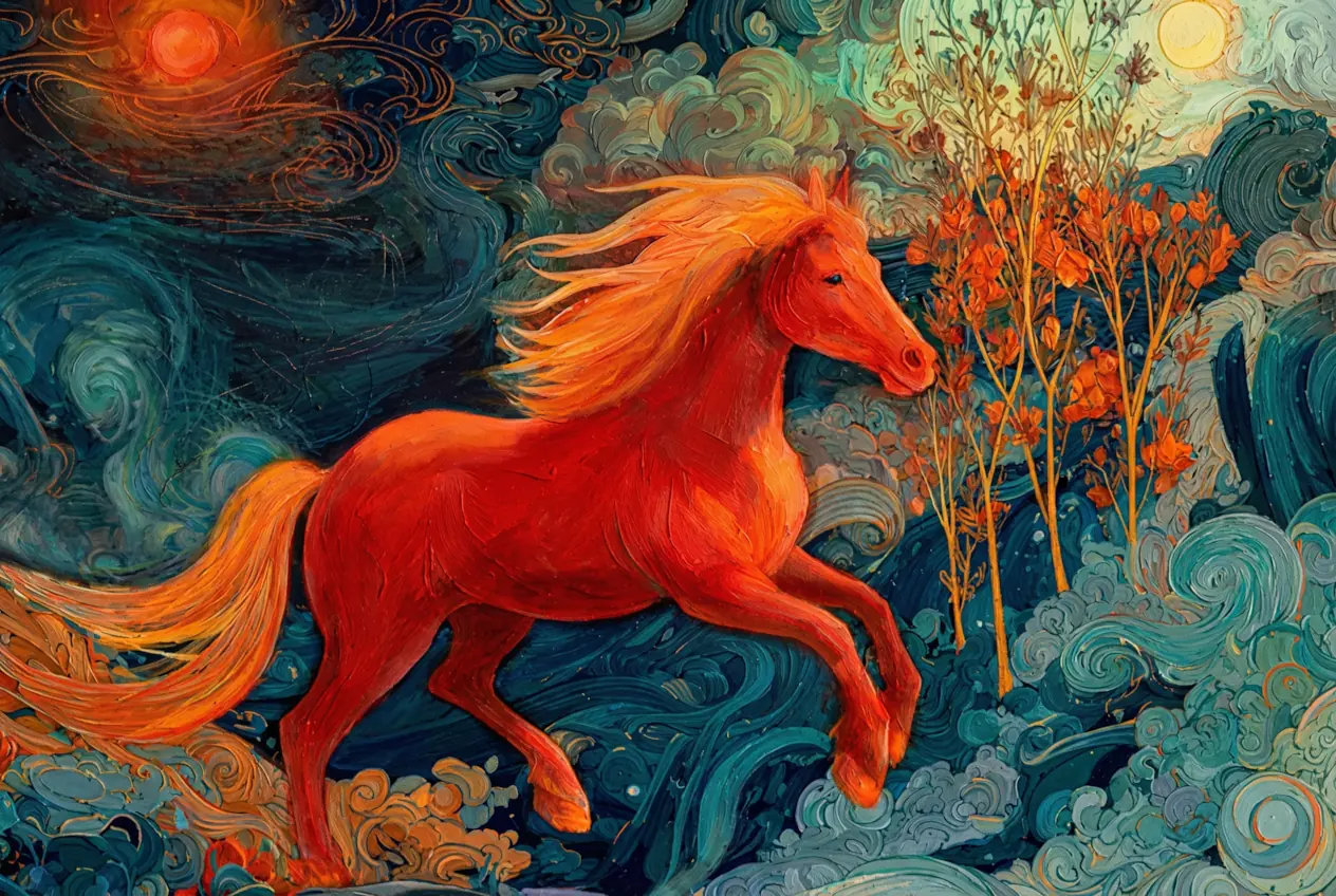 Fire Horse painting featuring a dynamic red horse galloping beneath sun and moon, with swirling clouds and autumn trees