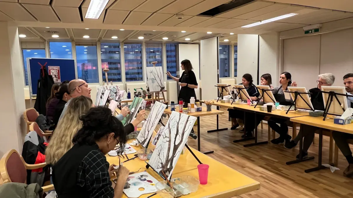 Participants painting together at VIC Health Club Art Night